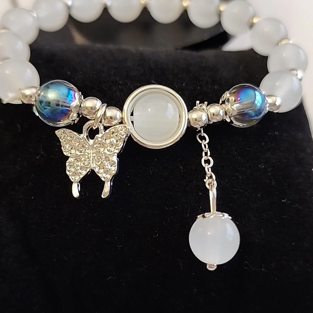 Butterfly Beaded Bracelet Simulated Moonstones - Picture 2 of 6
